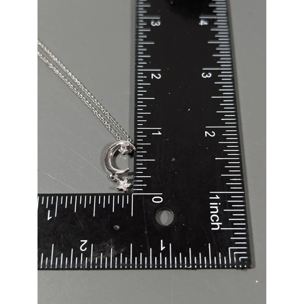 Silver Tone Rhinestone‎ Crescent Moon Star Charm Necklace Dainty 18